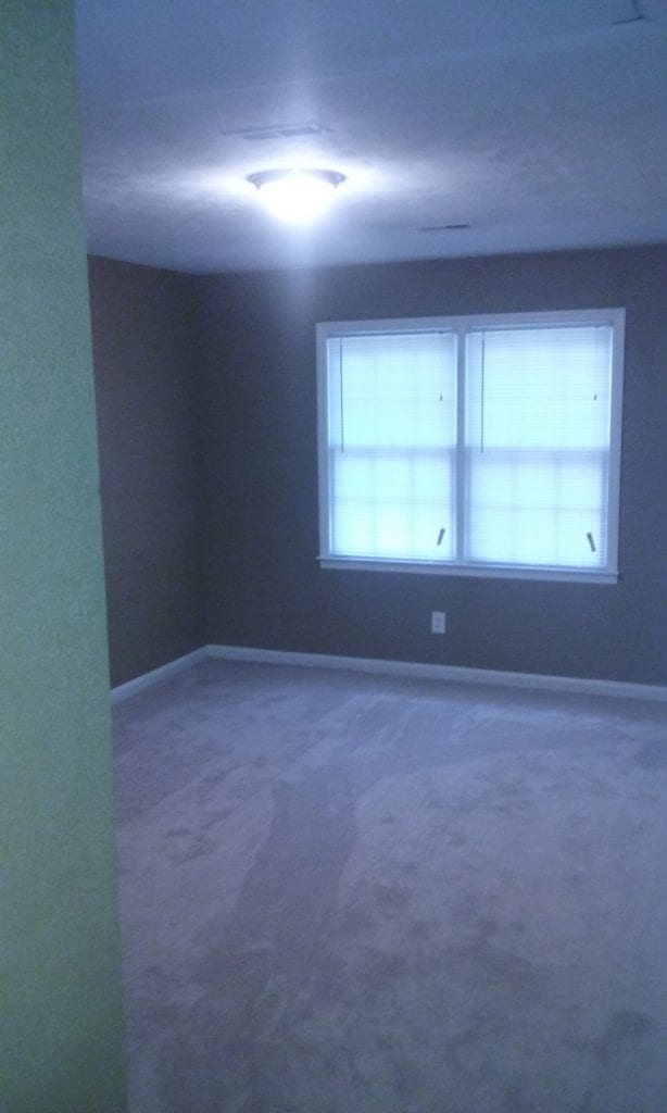 After: a new interior with modern paint, fixtures, and new plush carpet